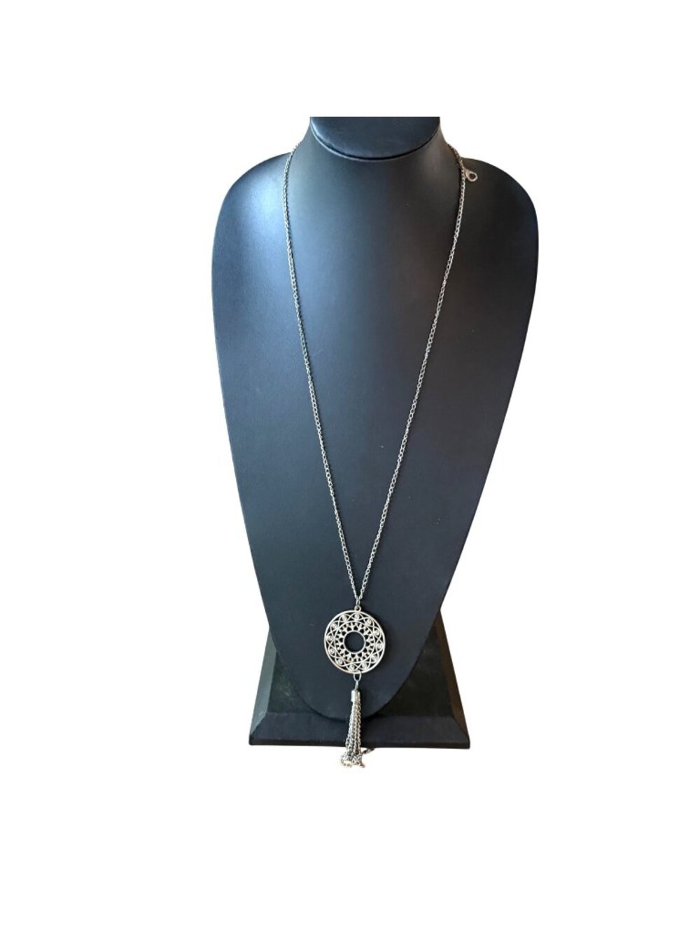 Accesorize Necklace Filigree Mandala Tassel Boho Lagenlook Silver Tone 32 inches